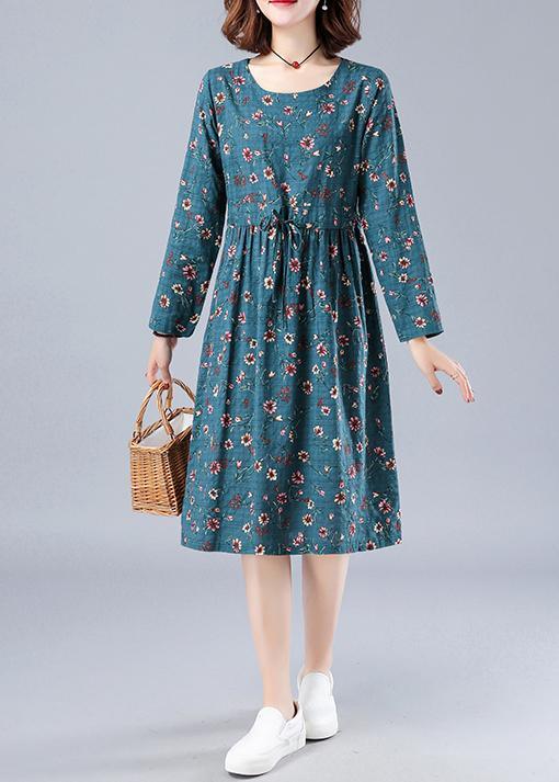 Bohemian Blue Print Robes O Neck Drawstring Daily Spring Dresses - Omychic