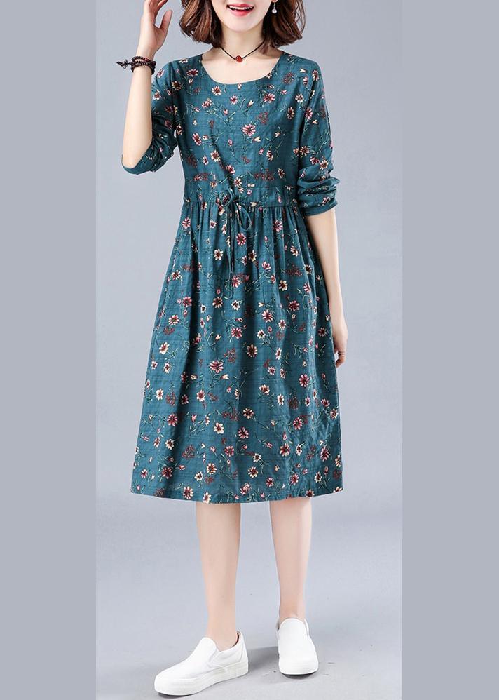 Bohemian Blue Print Robes O Neck Drawstring Daily Spring Dresses - Omychic