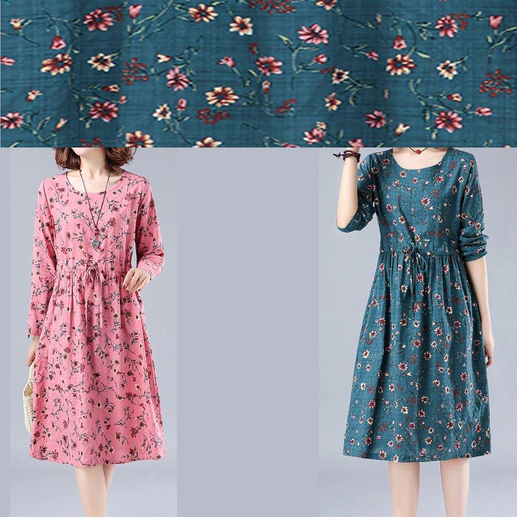 Bohemian Blue Print Robes O Neck Drawstring Daily Spring Dresses - Omychic