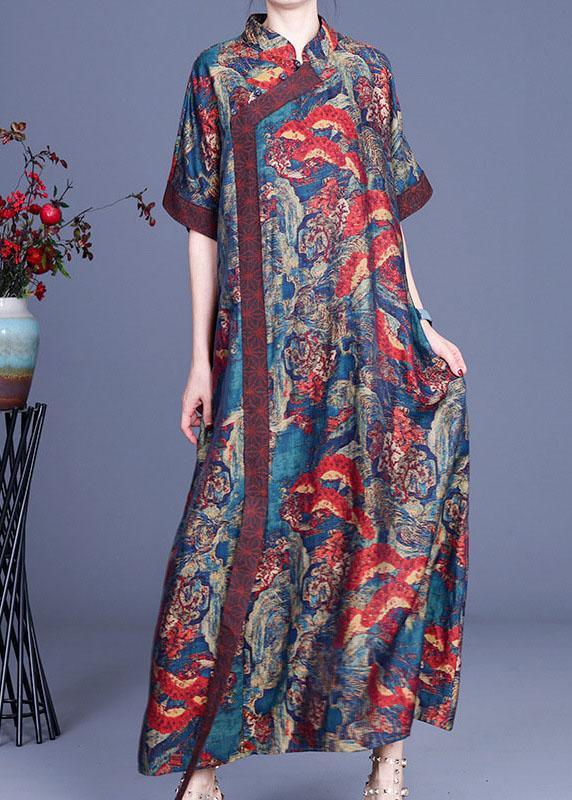 Bohemian Blue Print Silk Robe Dresses Spring - Omychic