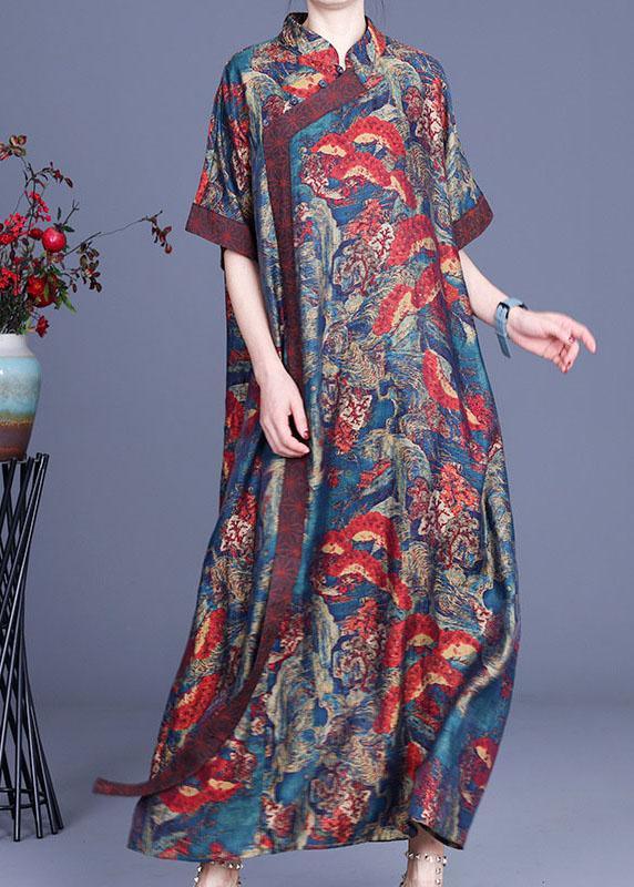 Bohemian Blue Print Silk Robe Dresses Spring - Omychic