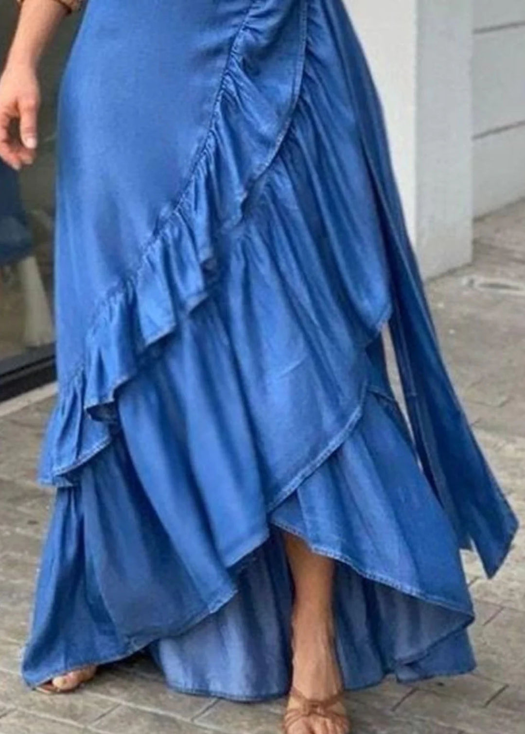 Bohemian Blue Ruffled Tie Waist Patchwork Denim Skirts Summer