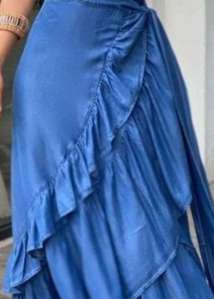 Bohemian Blue Ruffled Tie Waist Patchwork Denim Skirts Summer