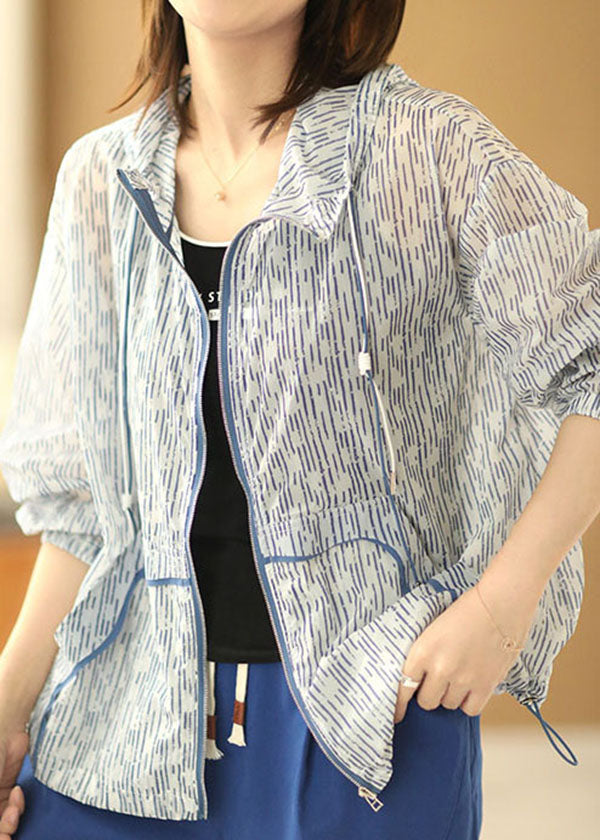 Bohemian Blue Striped Zippered Drawstring Hooded Pockets UPF 50+ Coat Jacket Summer