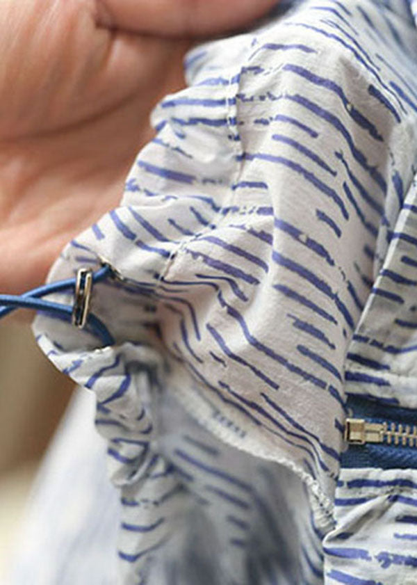 Bohemian Blue Striped Zippered Drawstring Hooded Pockets UPF 50+ Coat Jacket Summer