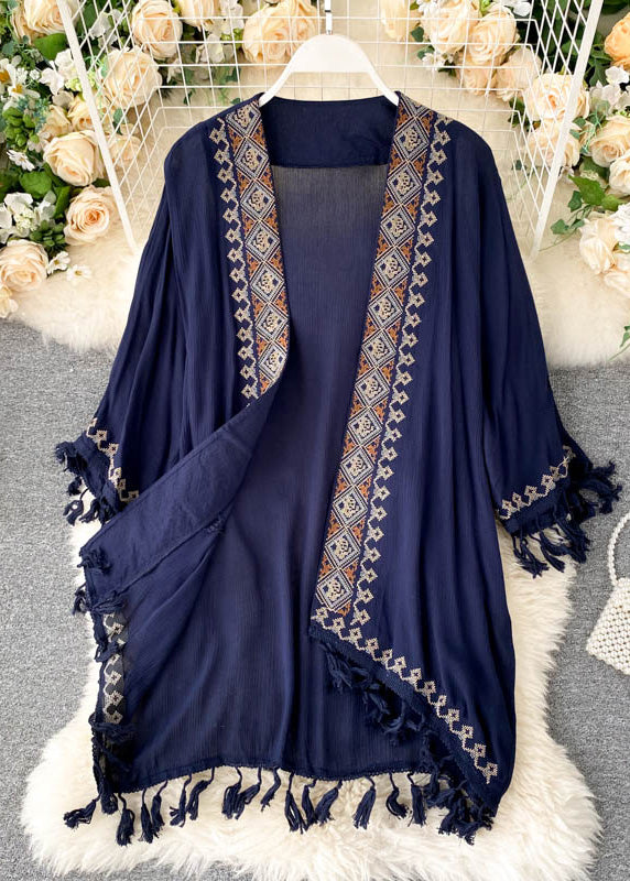 Bohemian Blue V Neck Embroideried Cardigan Long Sleeve