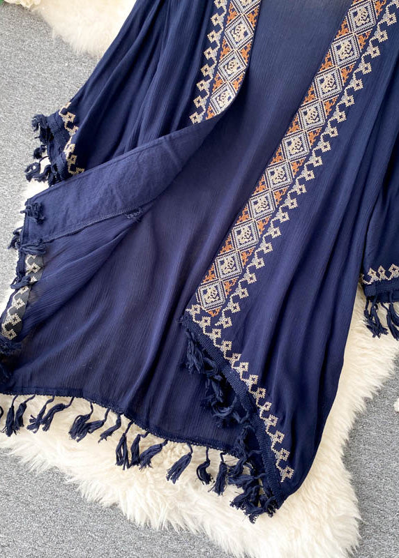 Bohemian Blue V Neck Embroideried Cardigan Long Sleeve