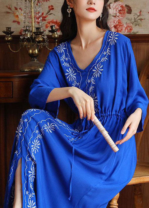 Bohemian Blue V Neck Embroideried Side Open Cotton Cinced Dresses Summer