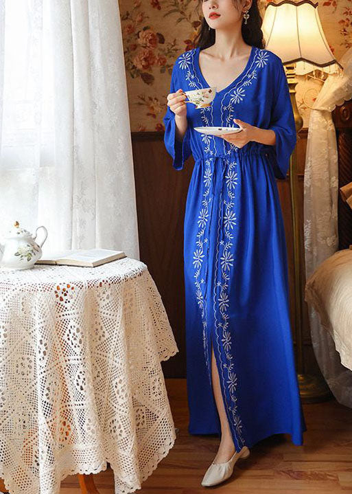 Bohemian Blue V Neck Embroideried Side Open Cotton Cinced Dresses Summer