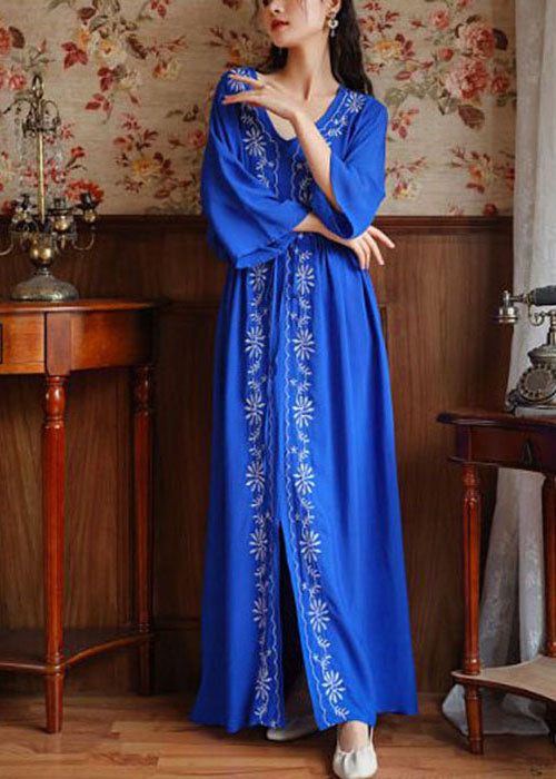 Bohemian Blue V Neck Embroideried Side Open Cotton Cinced Dresses Summer