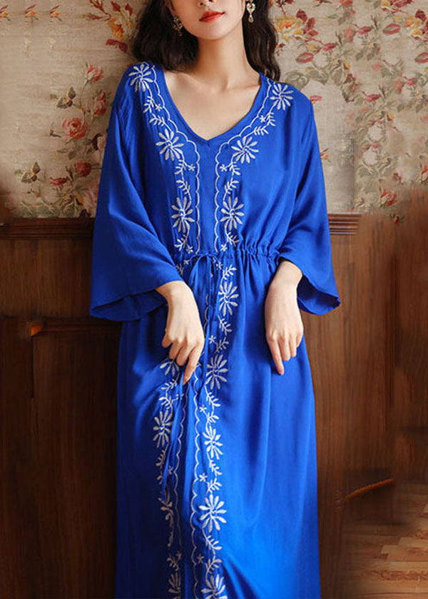 Bohemian Blue V Neck Embroideried Side Open Cotton Cinced Dresses Summer