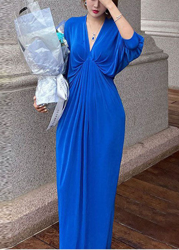 Bohemian Blue V Neck Solid Color Patchwork Wrinkled Long Dress Batwing Sleeve