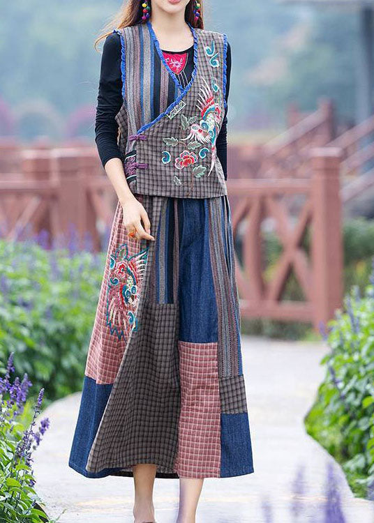 Bohemian Blue Wrinkled Embroideried Patchwork Linen Two Pieces Set Summer