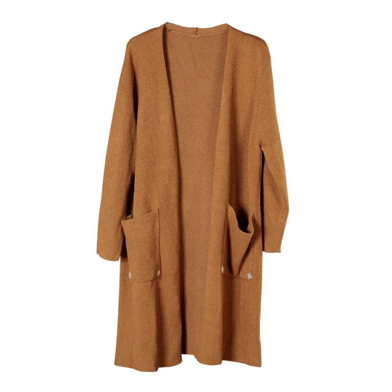 Bohemian Brick Red Knit Pockets Embroideried Fall Cardigan Long sleeve - Omychic