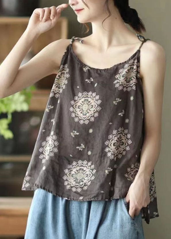 Bohemian Brown O Neck Print Patchwork Linen Tops Sleeveless