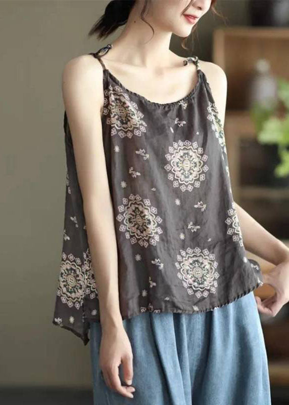 Bohemian Brown O Neck Print Patchwork Linen Tops Sleeveless