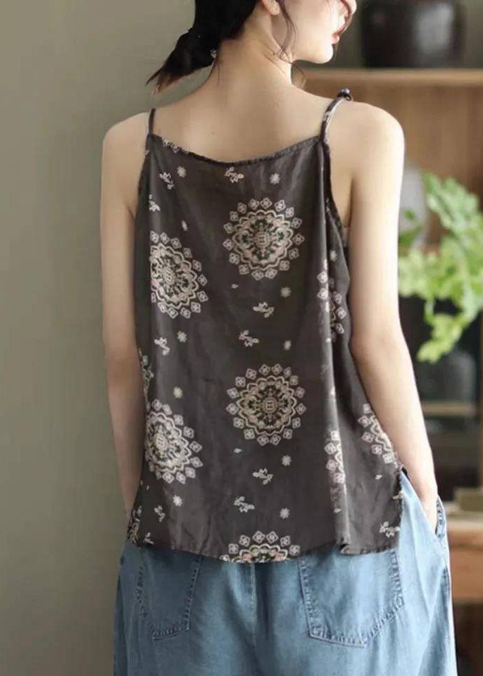 Bohemian Brown O Neck Print Patchwork Linen Tops Sleeveless