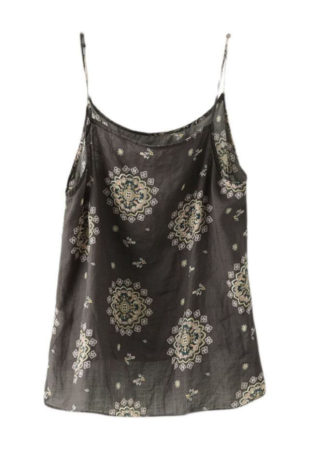 Bohemian Brown O Neck Print Patchwork Linen Tops Sleeveless