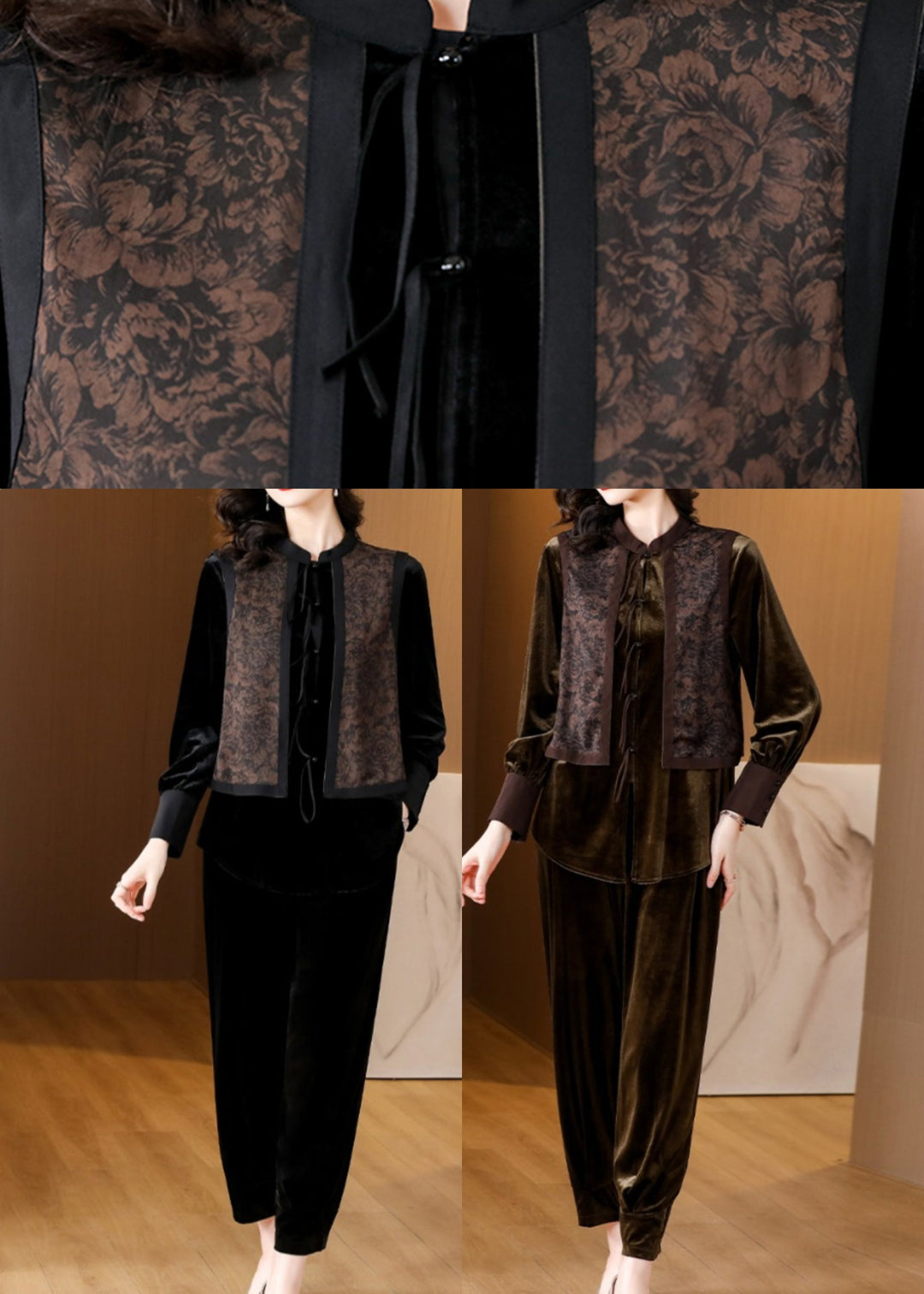 Bohemian Brown Patchwork Button Silk Velour Top And Harem Pants Two Pieces Set Long Sleeve