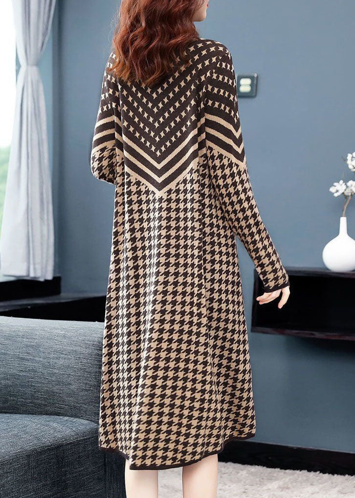 Bohemian Camel High Neck Print Long Knit Dress Long Sleeve