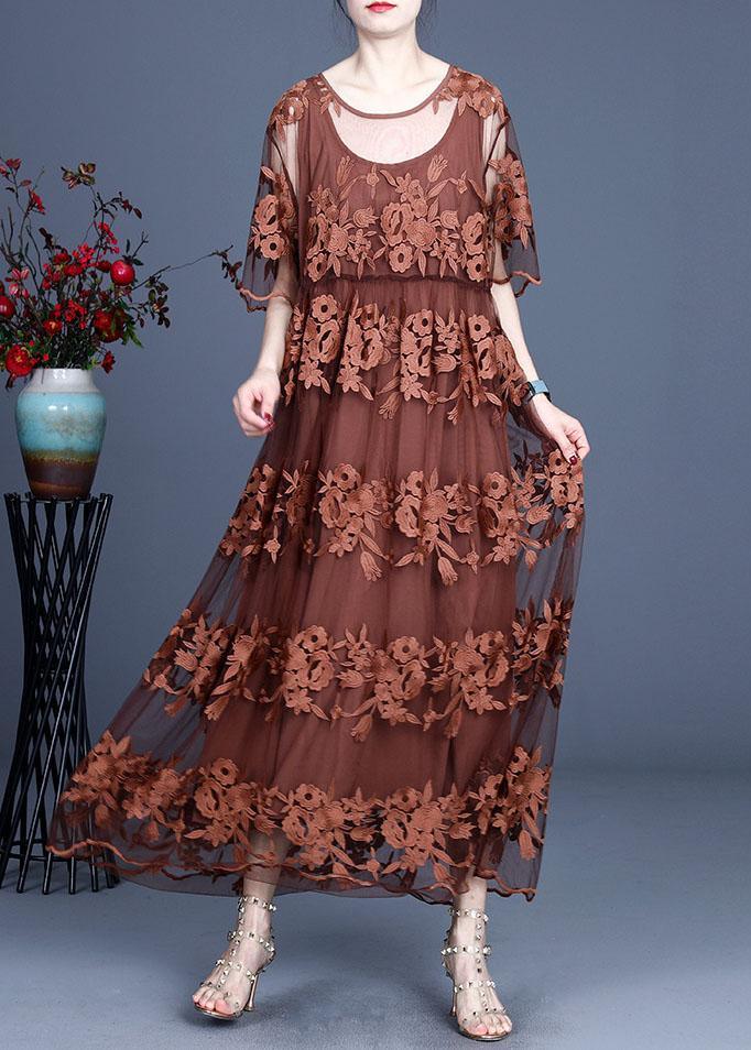 Bohemian Chocolate Embroideried Summer Lace Summer Dresses Half Sleeve - Omychic