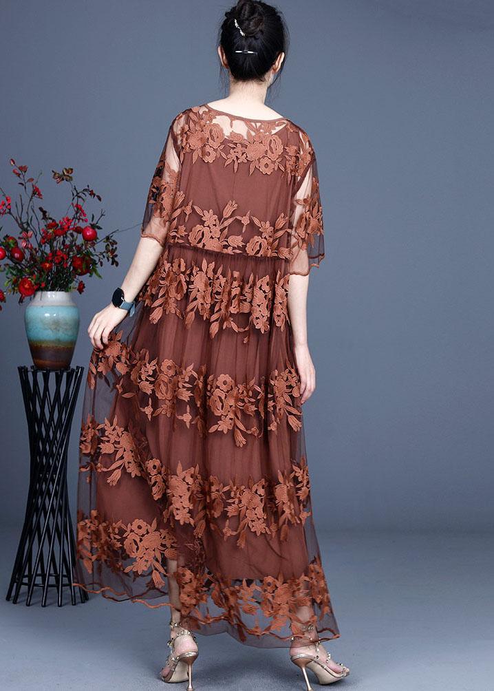 Bohemian Chocolate Embroideried Summer Lace Summer Dresses Half Sleeve - Omychic