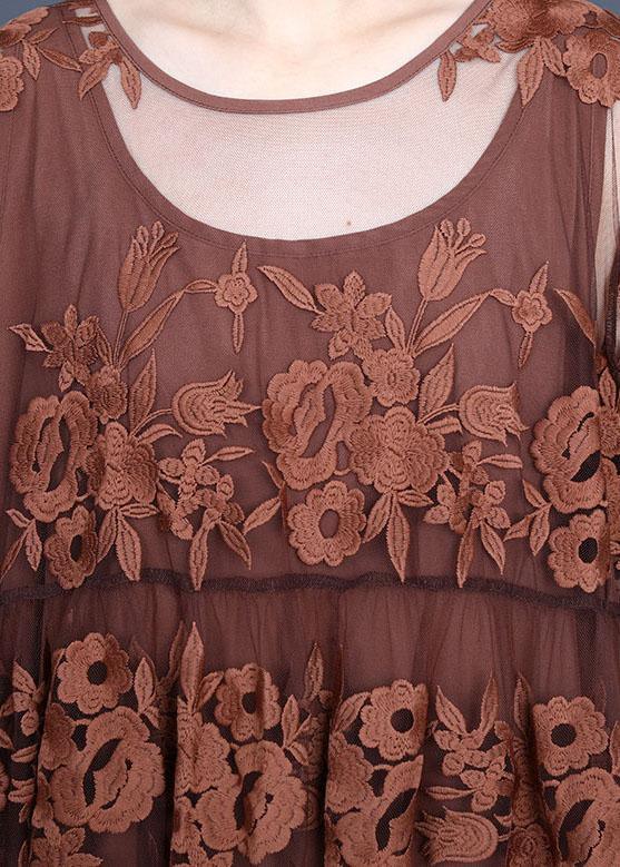 Bohemian Chocolate Embroideried Summer Lace Summer Dresses Half Sleeve - Omychic