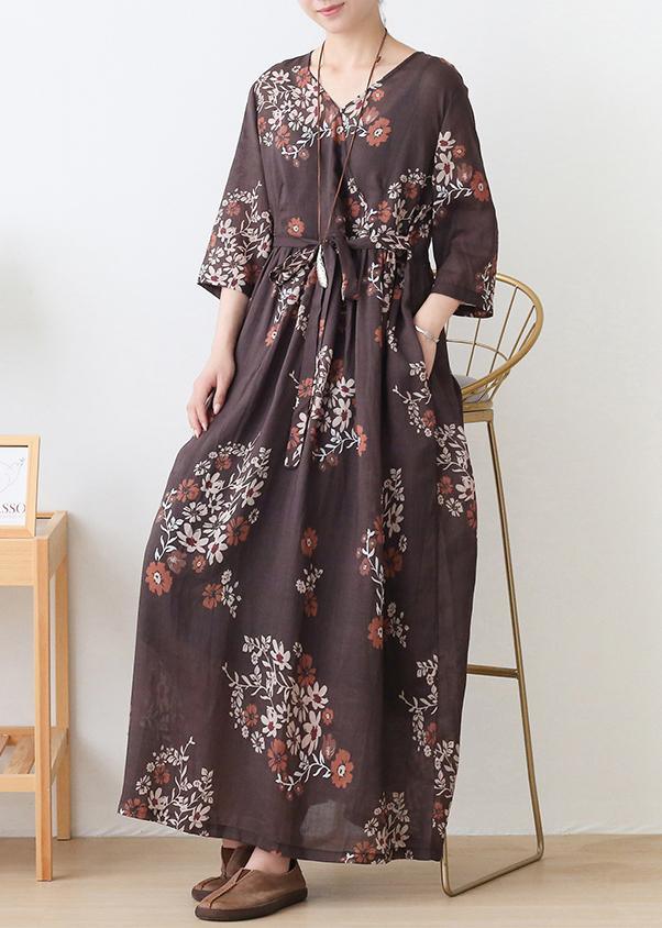 Bohemian Chocolate Print V Neck Robe Summer Linen Dress - Omychic