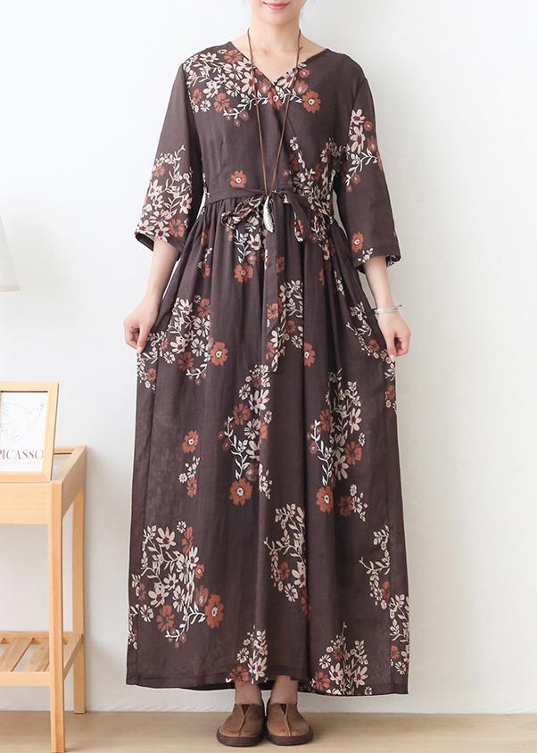 Bohemian Chocolate Print V Neck Robe Summer Linen Dress - Omychic