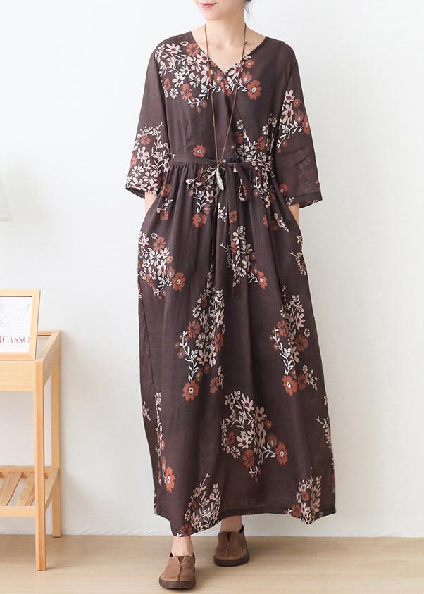 Bohemian Chocolate Print V Neck Robe Summer Linen Dress - Omychic