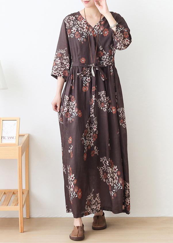 Bohemian Chocolate Print V Neck Robe Summer Linen Dress - Omychic