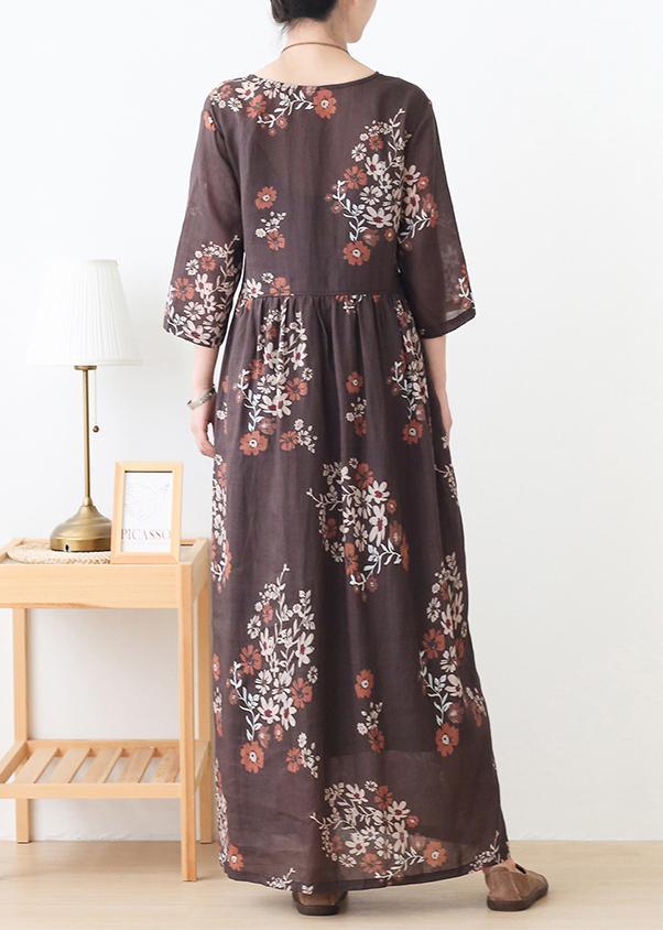 Bohemian Chocolate Print V Neck Robe Summer Linen Dress - Omychic