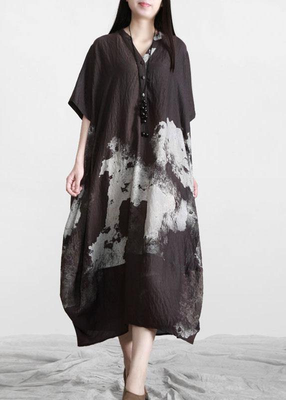 Bohemian Chocolate V Neck Robe Summer Cotton Dress - Omychic