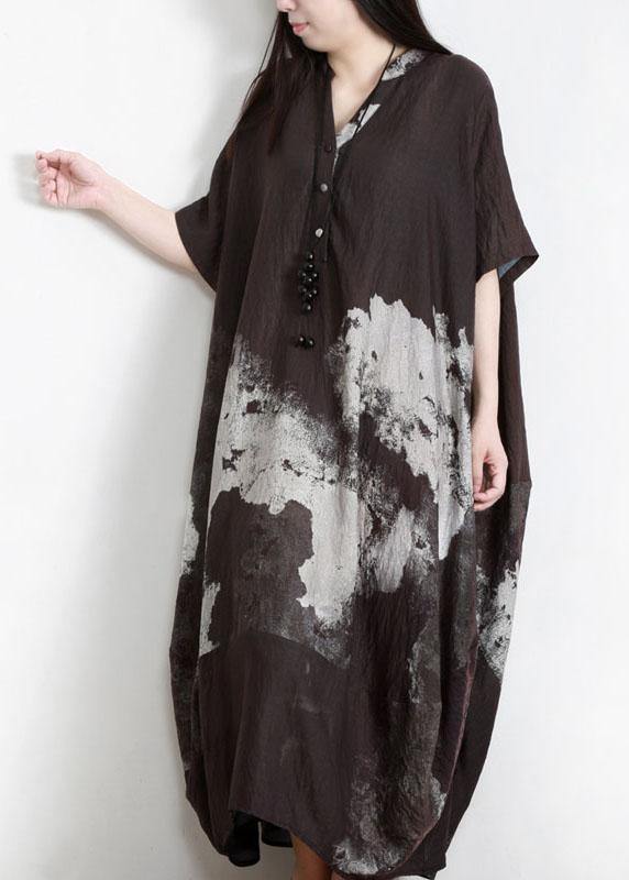 Bohemian Chocolate V Neck Robe Summer Cotton Dress - Omychic