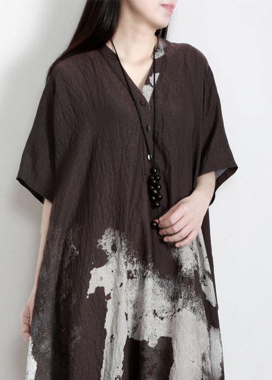 Bohemian Chocolate V Neck Robe Summer Cotton Dress - Omychic