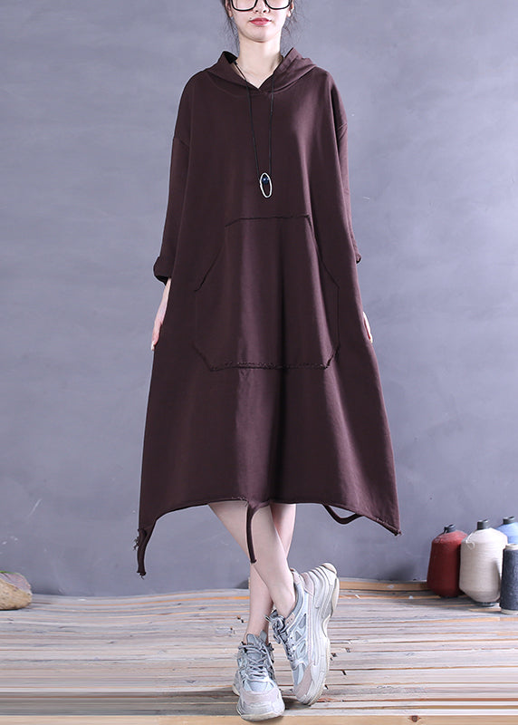 Bohemian Coffee Colour Patchwork Cotton Hooded Dress Long Sleeve