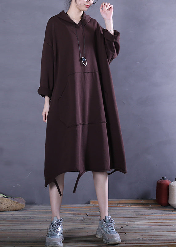 Bohemian Coffee Colour Patchwork Cotton Hooded Dress Long Sleeve