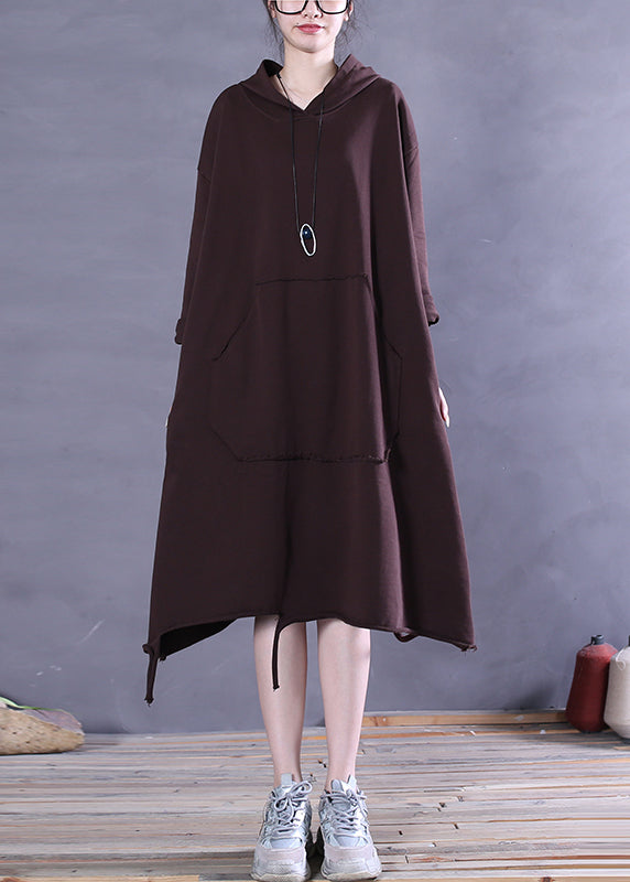 Bohemian Coffee Colour Patchwork Cotton Hooded Dress Long Sleeve