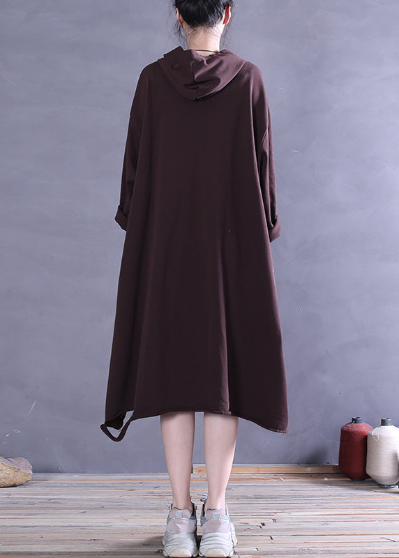 Bohemian Coffee Colour Patchwork Cotton Hooded Dress Long Sleeve