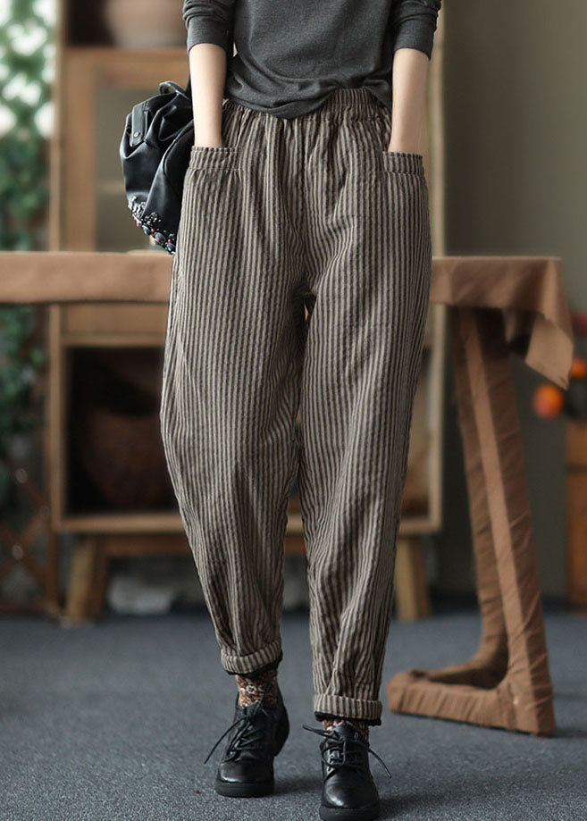 Bohemian Coffee Elastic Waist Striped Pockets Fine Cotton Filled Pants Winter