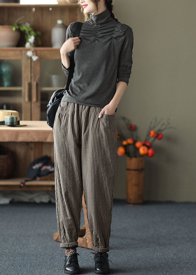 Bohemian Coffee Elastic Waist Striped Pockets Fine Cotton Filled Pants Winter