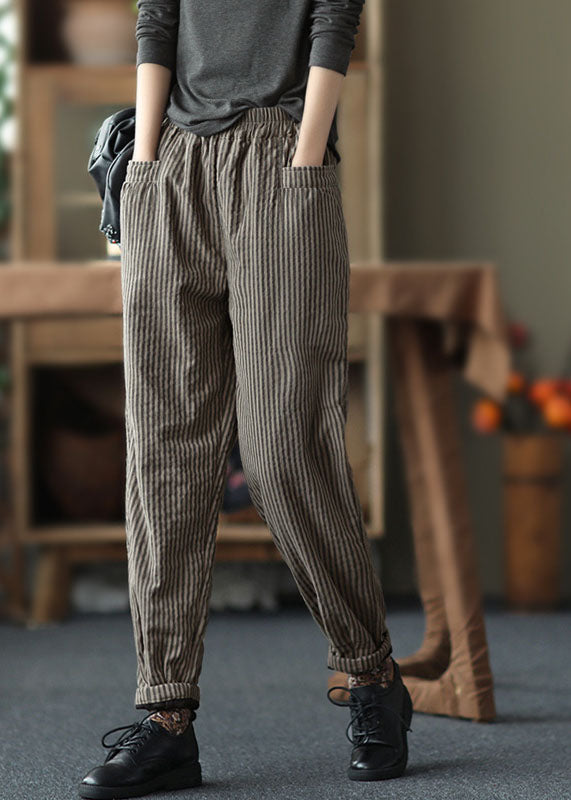 Bohemian Coffee Elastic Waist Striped Pockets Fine Cotton Filled Pants Winter