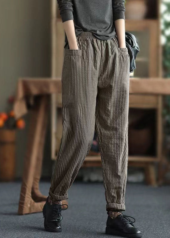 Bohemian Coffee Elastic Waist Striped Pockets Fine Cotton Filled Pants Winter