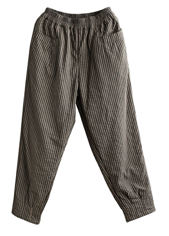 Bohemian Coffee Elastic Waist Striped Pockets Fine Cotton Filled Pants Winter