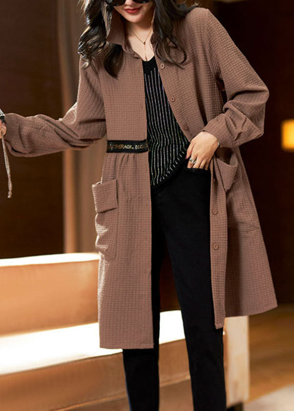 Bohemian Coffee Peter Pan Collar Pockets Plaid Patchwork Long Coats Long Sleeve