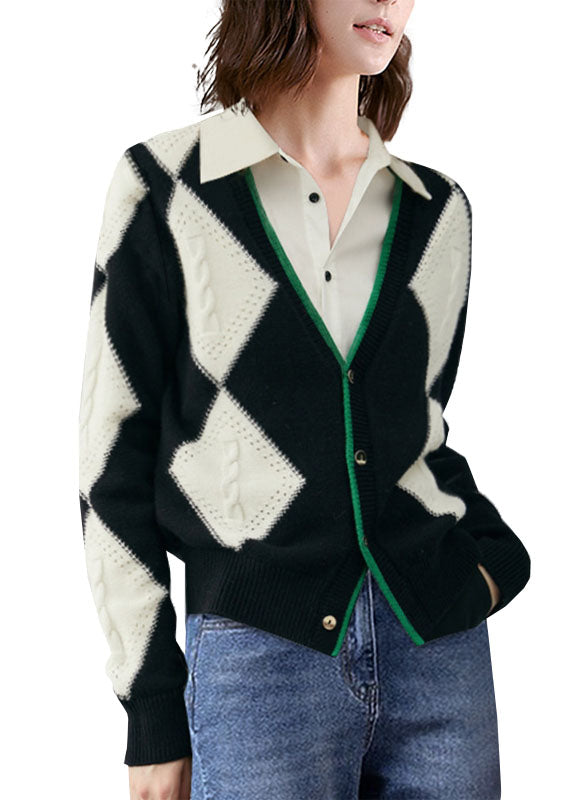 Bohemian Colorblock V Neck Patchwork Plaid Wool Knit Cardigan Winter