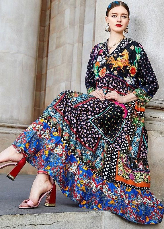 Wavlynn Boho Patchwork Cotton Dress Oversized Colorblock Bohemian Maxi for Fall Women