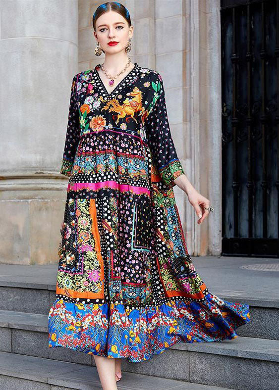 Bohemian Colorblock V Neck Print Patchwork Silk Long Dress Spring