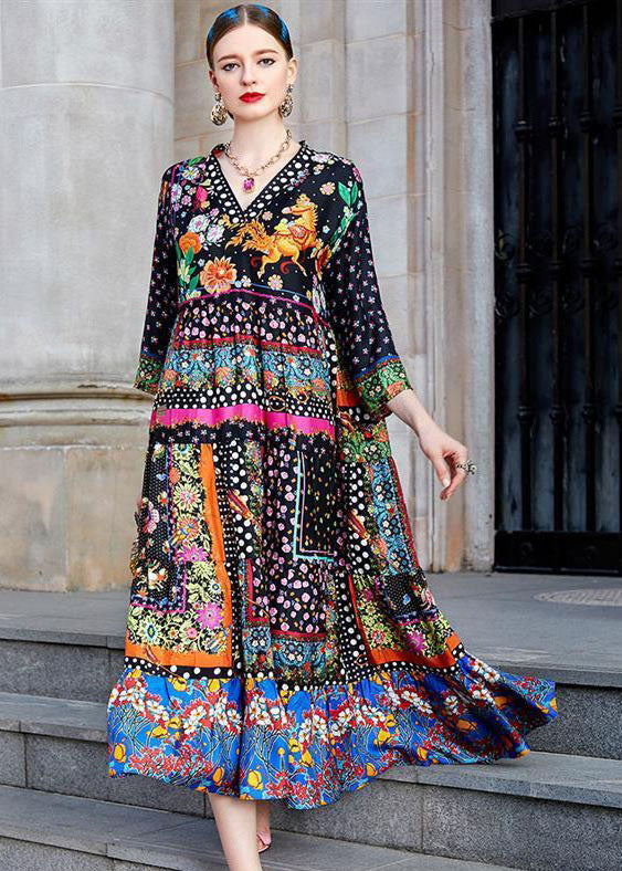 Bohemian College Floral Patchwork With Belt V Neck Waist Skirt Dresses(5 Colors) main image 1
