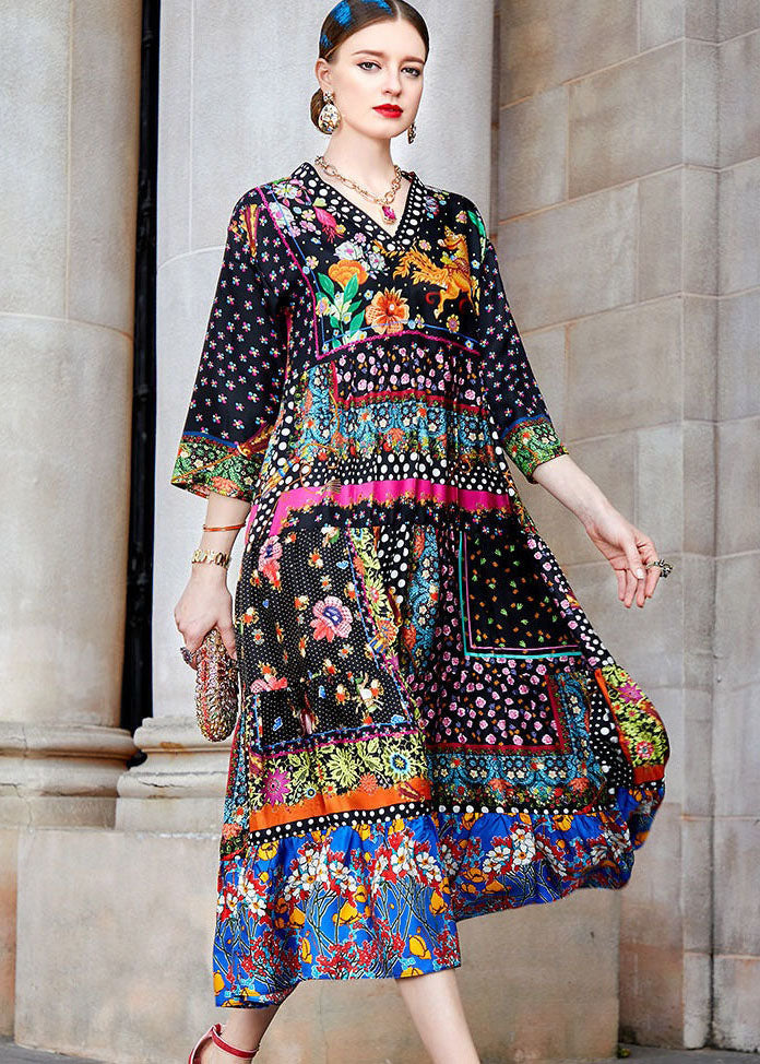 Bohemian Colorblock V Neck Print Patchwork Silk Long Dress Spring